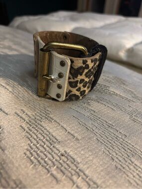 Leopard Print Wide Leather Bracelet with Brass Buckle